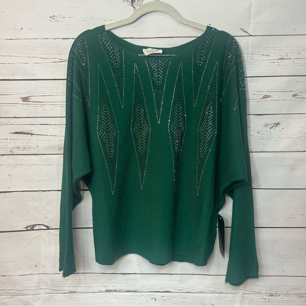 Green Knit Sweater with Geometric Design Size Small